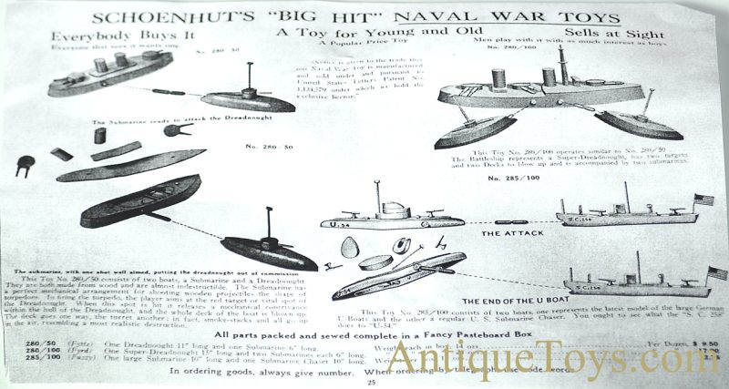 A. Schoenhut Co. ca. 1920’s Wooden "Schoenhut's Submarine and Dreadnaught Naval War Toy" in Box <FONT COLOR="ff000 ">*SOLD*</font> - Image 7