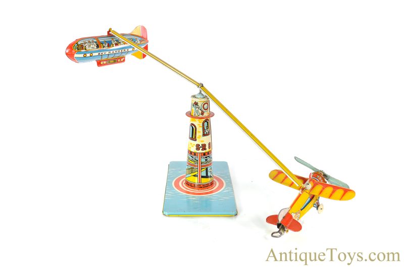 Unique Art ca. 1930's Tin Lithographed Windup “Sky Rangers” Zeppelin & Airplane Carousel Toy <FONT COLOR="ff000 ">*SOLD*</font> - Image 3