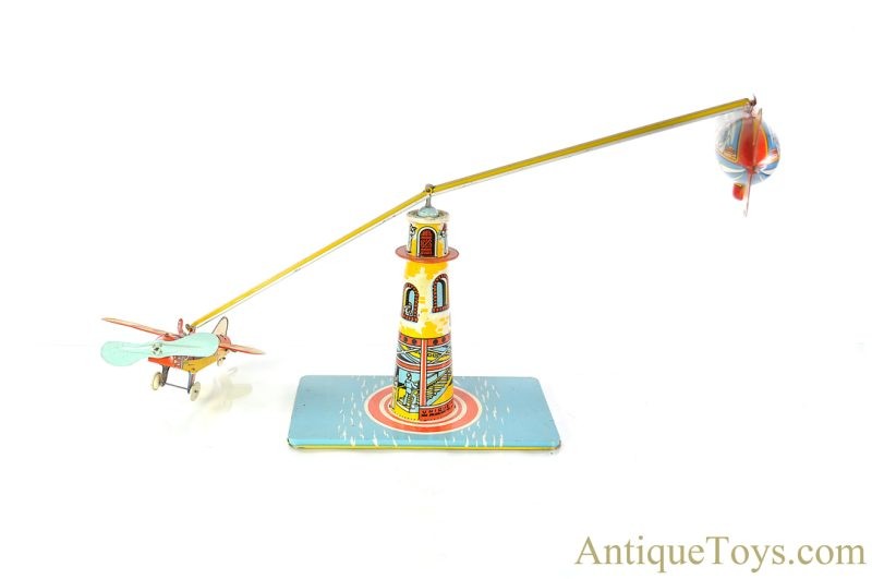 Unique Art ca. 1930's Tin Lithographed Windup “Sky Rangers” Zeppelin & Airplane Carousel Toy <FONT COLOR="ff000 ">*SOLD*</font> - Image 5