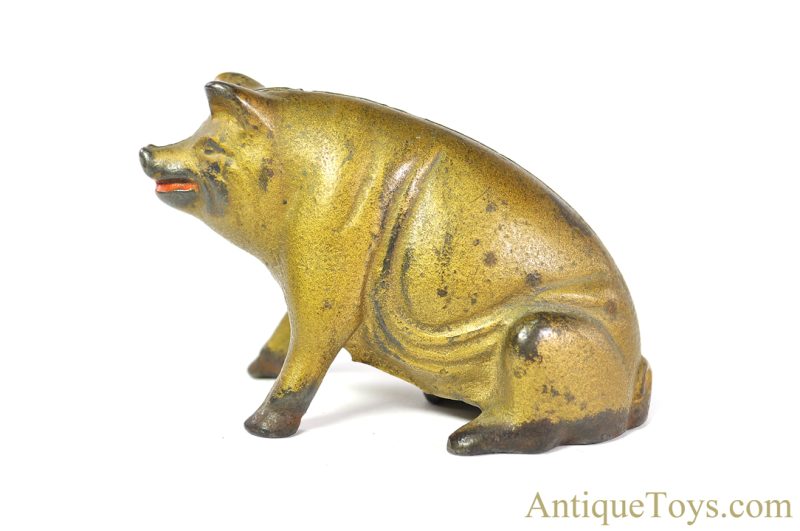 A.C. Williams Cast Iron ca. 1920’s Gold Figural “Sitting Pig” Hog Swine Still Coin Penny Bank <FONT COLOR="ff000 ">*SOLD*</font>