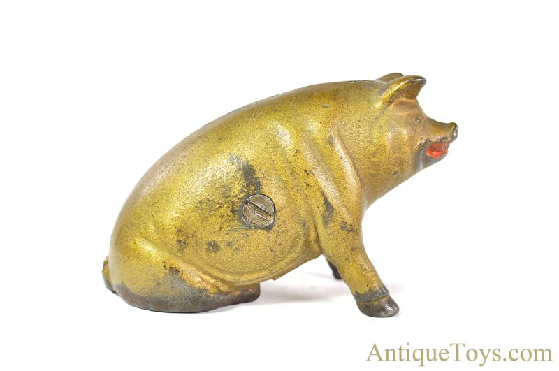 A.C. Williams Cast Iron ca. 1920’s Gold Figural “Sitting Pig” Hog Swine Still Coin Penny Bank <FONT COLOR="ff000 ">*SOLD*</font> - Image 5