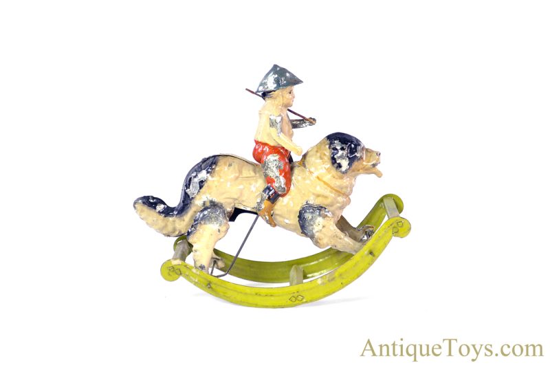 G.A. Mangold/Gama ca. 1920s Tin Hand-Painted #313/6 "Rocking Rider-Schaukelreiter" Boy on Dog German Toy for Sale <FONT COLOR="ff000 ">*SOLD*</font>