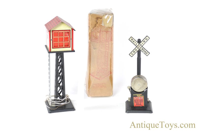 Marx Tin Lithographed Marlines #413 "Switchman's Tower" in Box & Railroad Crossing Sign Train Accessories <FONT COLOR="ff000 ">*SOLD*</font>
