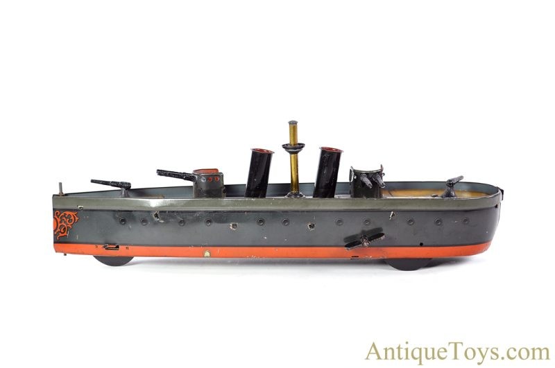J.L. Hess Tin Lithographed Windup Gunboat German Toy Ship <FONT COLOR="ff000 ">*SOLD*</font> - Image 2