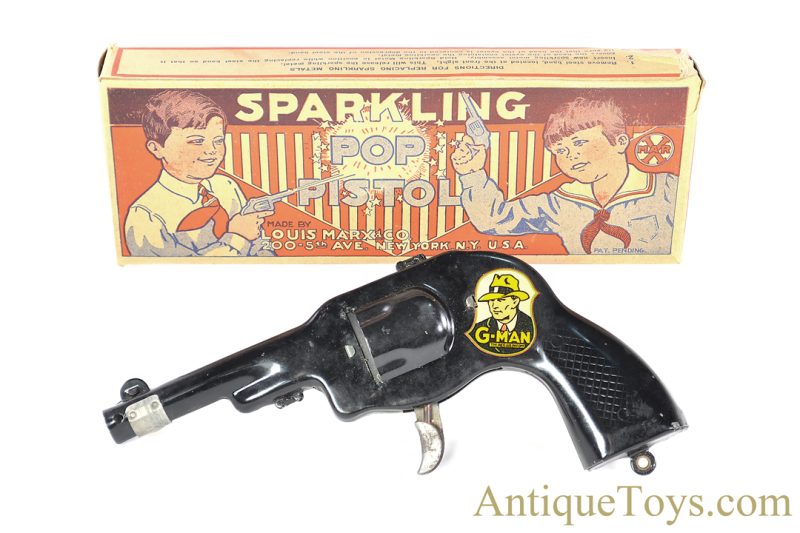 Marx Pressed Steel Lithographed "Sparkling Pop Pistol" Dick Tracy G-Man Gun in Box <FONT COLOR="ff000 ">*SOLD*</font>
