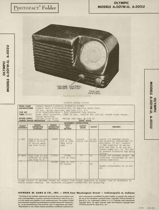Olympic Radio ca. 1946 Model 6-501W-U Walnut Bakelite 5 Tube Radio <FONT COLOR="ff000 ">*SOLD*</font> - Image 9