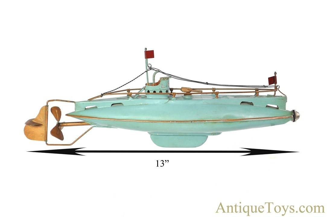 Gebrüder Bing ca. 1930's Tin Hand-Painted Windup #10/344/4 Mechanical Submarine Boat <FONT COLOR="ff000 ">*SOLD*</font> - Image 9