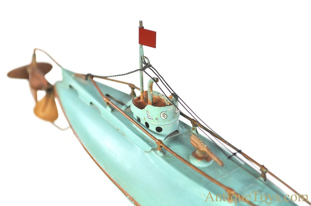 Gebrüder Bing ca. 1930's Tin Hand-Painted Windup #10/344/4 Mechanical Submarine Boat <FONT COLOR="ff000 ">*SOLD*</font> - Image 5