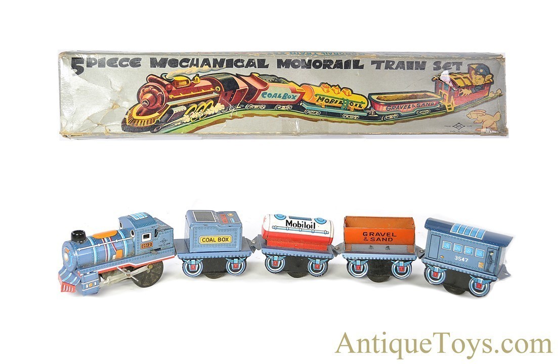 Daiya Tin Lithographed Windup ca. 1940 s 5 Piece Mechanical Monorail Train Set in Box SOLD AntiqueToys Antique Toys for Sale