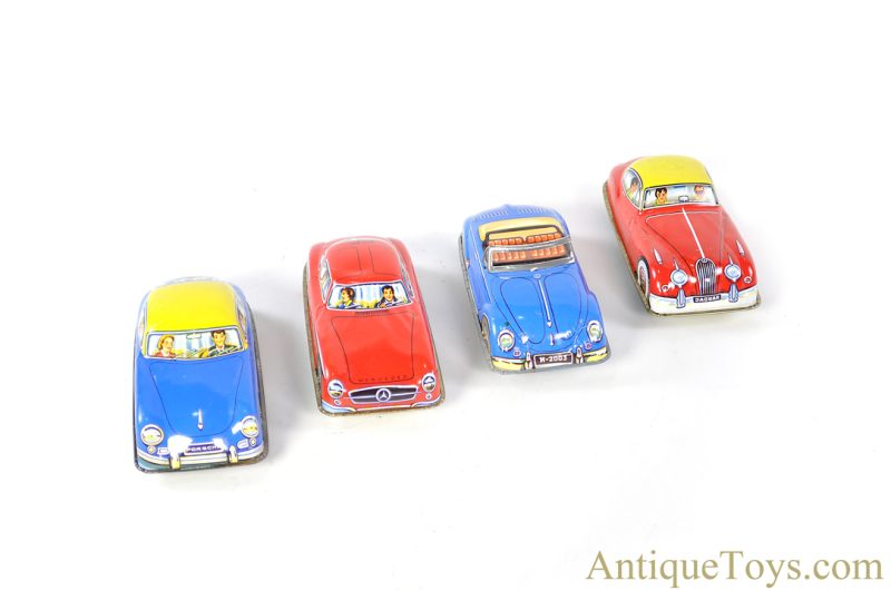 West German Tin Lithographed Set of 4 Vehicles Porsche, VW, Jaguar, & Mercedes <FONT COLOR="ff000 ">*SOLD*</font>