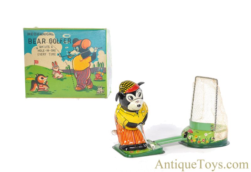 TPS Toplay, Ltd. ca. 1950's  Tin Lithographed Windup "Mechanical Bear Golfer" Japanese Toy in Box <FONT COLOR="ff000 ">*SOLD*</font>