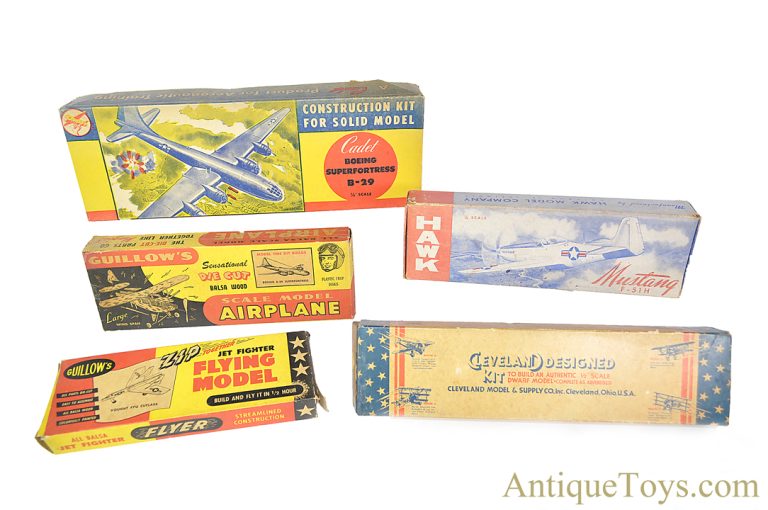 Vintage ca. 1930s/1940s Model Airplane Kits Set of 5 Hawk, Guillows, Cadet, Cleveland in Boxes