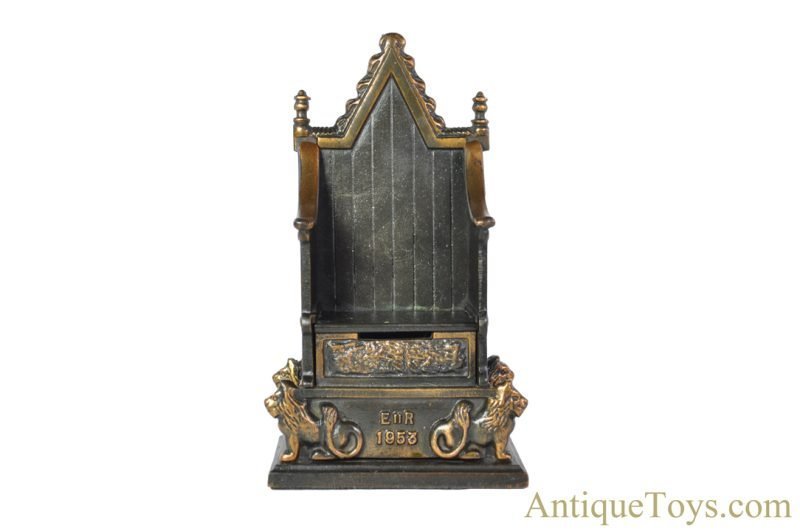 John Harper & Co., Ltd. ca. 1950s Cast Iron Elizabeth II Coronation Throne Still Coin Penny Bank <FONT COLOR="ff000 ">*SOLD*</font>