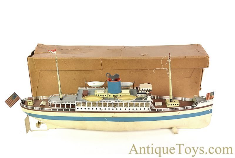 Gebruder Fleischmann GFN ca. 1945-1948 Tin Hand Painted Windup No. 526 Motorschiff (Baderdampfer) Ocean Liner Steamer Ship with Box <FONT COLOR="ff000 ">*SOLD*</font>