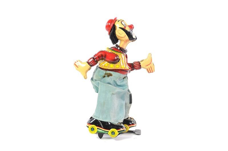 TPS Toplay, Ltd. Tin Lithographed Windup "Mechanical Clown on Roller Skate" Japanese Toy <FONT COLOR="ff000">*SOLD*</font> - Image 2