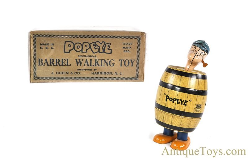J. Chein ca. 1930's Tin Lithographed Windup Popeye "Mechanical Barrel Walking Toy" in Box <FONT COLOR="ff000 ">*SOLD*</font>
