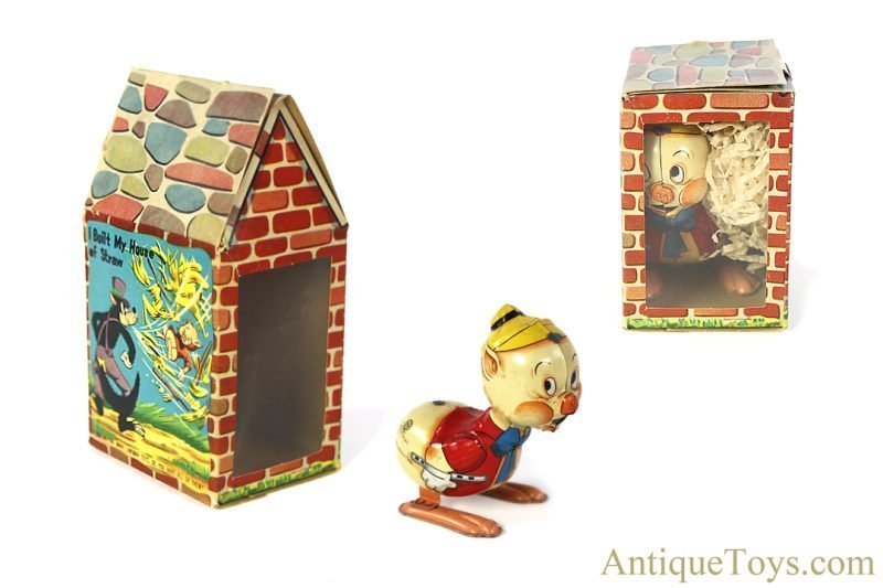 Marx Linemar Tin Lithographed Windup Disney's Three Little Pigs "I Built My House of Straw" Hopper in Box <FONT COLOR="ff000 ">*SOLD*</font>