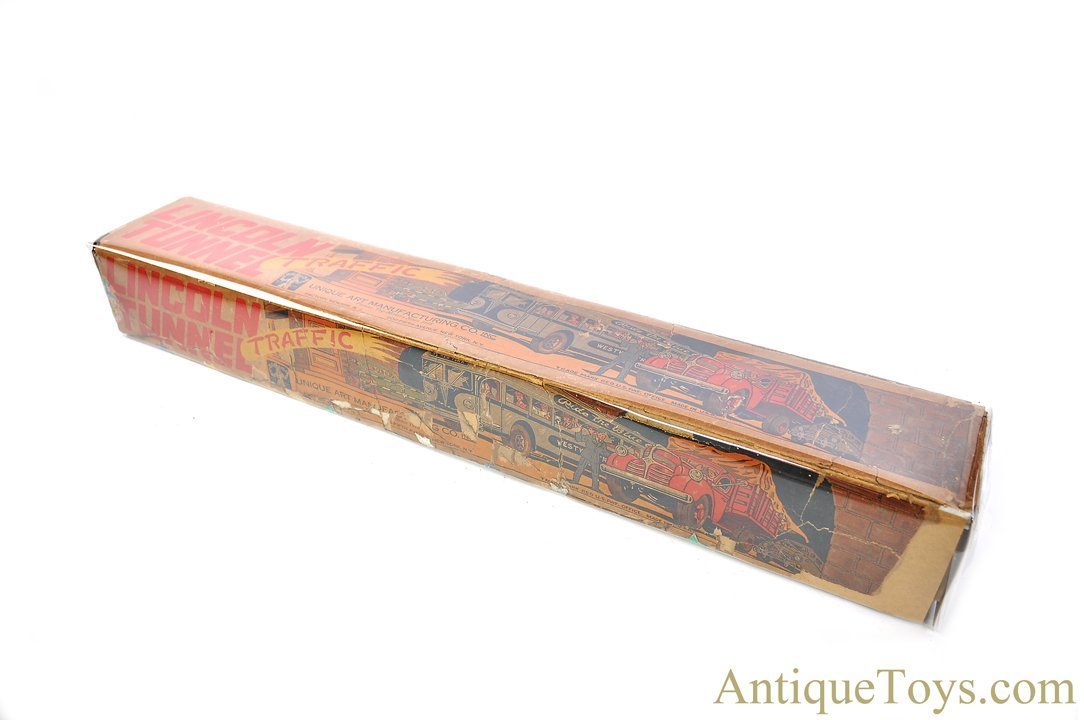 Unique Art ca. 1940's Tin Lithographed Windup “Lincoln Tunnel Traffic” with Box *SOLD* – AntiqueToys.com – Antique Toys for Sale Unique Art ca. 1940's Tin Lithographed Windup “Lincoln Tunnel Traffic” with Box *SOLD* – AntiqueToys.com – Antique Toys for Sale