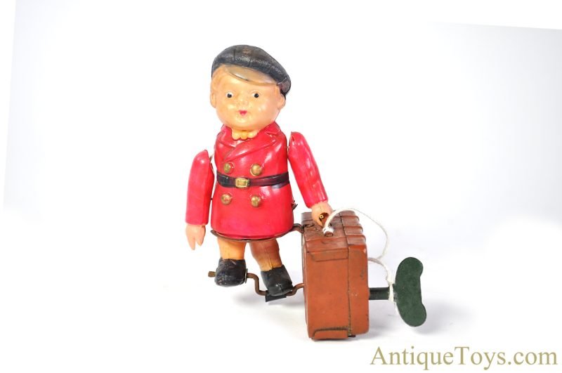 Alps Shoji ca. 1945-1952 Occupied Japan Celluloid Tin Litho Windup "Travelling Boy" with Suitcase for Sale - Image 5