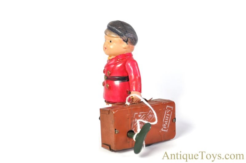 Alps Shoji ca. 1945-1952 Occupied Japan Celluloid Tin Litho Windup "Travelling Boy" with Suitcase for Sale - Image 4