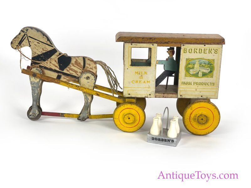 Rich Toys Tin & Wood Lithographed Borden’s Dairy Pull Toy Horse & Wagon <FONT COLOR="ff000 ">*SOLD*</font> - Image 2