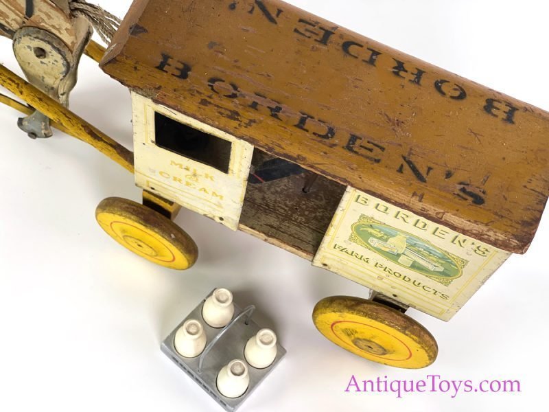 Rich Toys Tin & Wood Lithographed Borden’s Dairy Pull Toy Horse & Wagon <FONT COLOR="ff000 ">*SOLD*</font> - Image 5