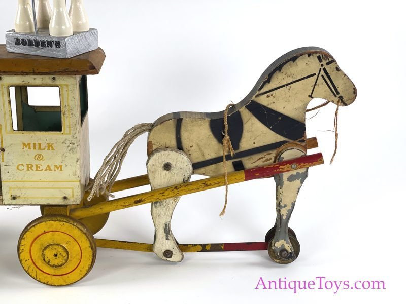 Rich Toys Tin & Wood Lithographed Borden’s Dairy Pull Toy Horse & Wagon <FONT COLOR="ff000 ">*SOLD*</font> - Image 7