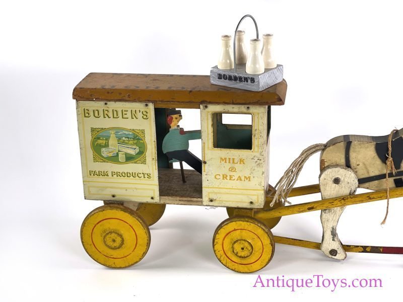 Rich Toys Tin & Wood Lithographed Borden’s Dairy Pull Toy Horse & Wagon <FONT COLOR="ff000 ">*SOLD*</font> - Image 8