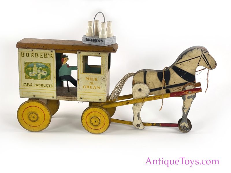 Rich Toys Tin & Wood Lithographed Borden’s Dairy Pull Toy Horse & Wagon <FONT COLOR="ff000 ">*SOLD*</font>