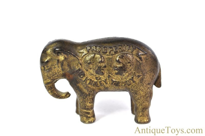 Rare Cast Iron ca. 1900 McKinley Teddy "Prosperity" Elephant Still Penny Bank for Sale <FONT COLOR="ff000 ">*SOLD*</font>