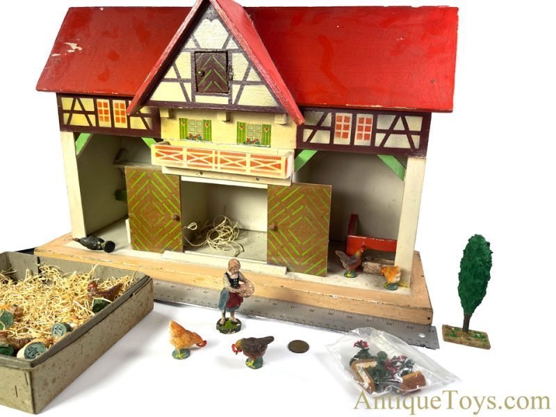 Gottschalk Wooden Farm House & Lineol Elastolin Composite Barnyard Figures Set German Composite Farm Toy Set <FONT COLOR="ff000 ">*SOLD*</font>