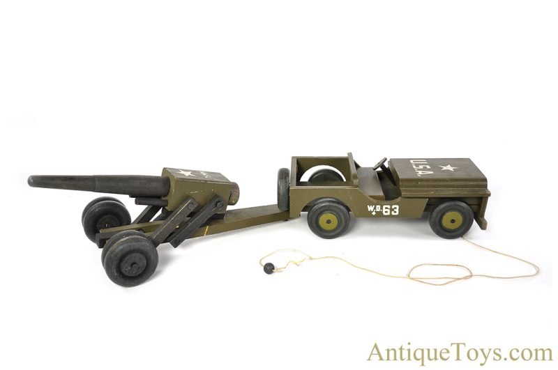 Wood Commodities Corp. ca. 1940s No. 1200 Series Wooden Commando U.S. Army Jeep & 75mm Mobile Gun <FONT COLOR="ff000 ">*SOLD*</font>