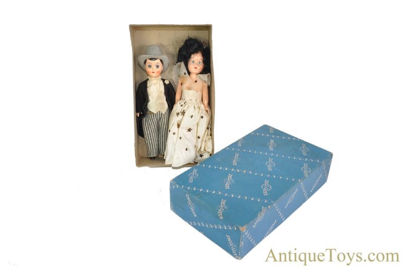 Sears ca. 1950s Happi Time Miniature Dolls 8" Bride and Groom Set in Box for Sale