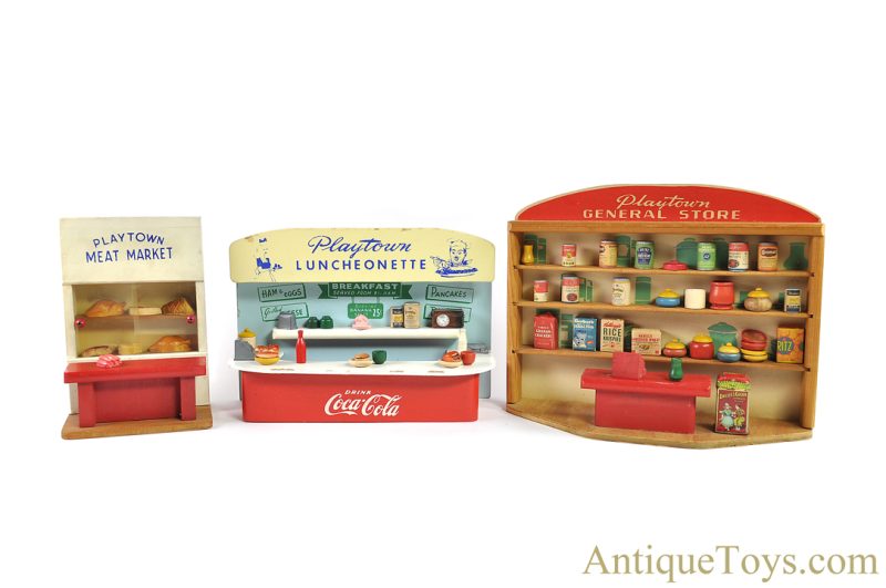 Playtown Products ca. 1940s-1950s Wooden Coca-Cola Luncheonette, General Store, & Meat Market with Accessories <FONT COLOR="ff000 ">*SOLD*</font>