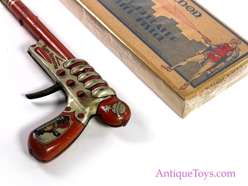 Marx Tin Lithographed "Flash Gordon Radio Repeater Click Pistol" with Box <FONT COLOR="ff000 ">*SOLD*</font> - Image 4