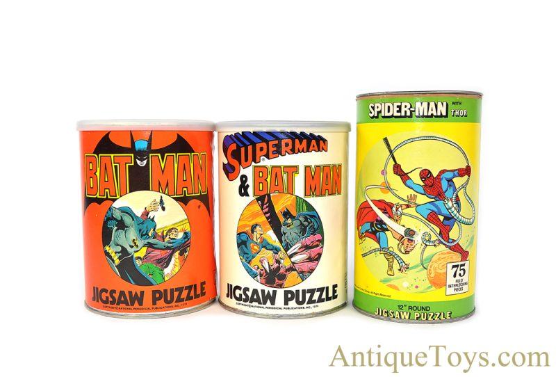 Three Vintage Superhero Puzzle Sets Sealed in Cans Spider-Man, Thor, Batman, Superman <FONT COLOR="ff000 ">*SOLD*</font>