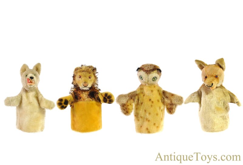 Steiff Excelsior Stuffed Mohair Leo Lion, Loopy Bad Wolf, Red Fox, & Wittie Owl Puppet Set of 4 <FONT COLOR="ff000">*SOLD*</font>