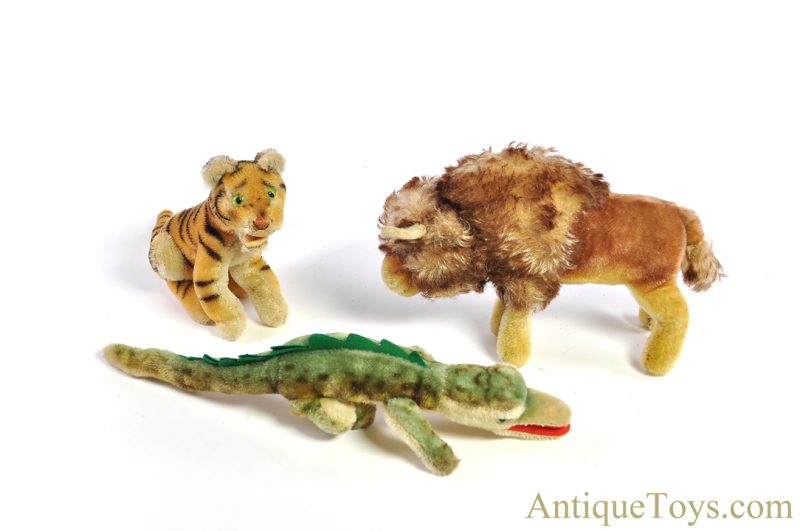 Steiff Excelsior Stuffed Mohair Gaty Gator, Bison, & Open Mouth Sitting Bengal Tiger Set <FONT COLOR="ff000">*SOLD*</font>