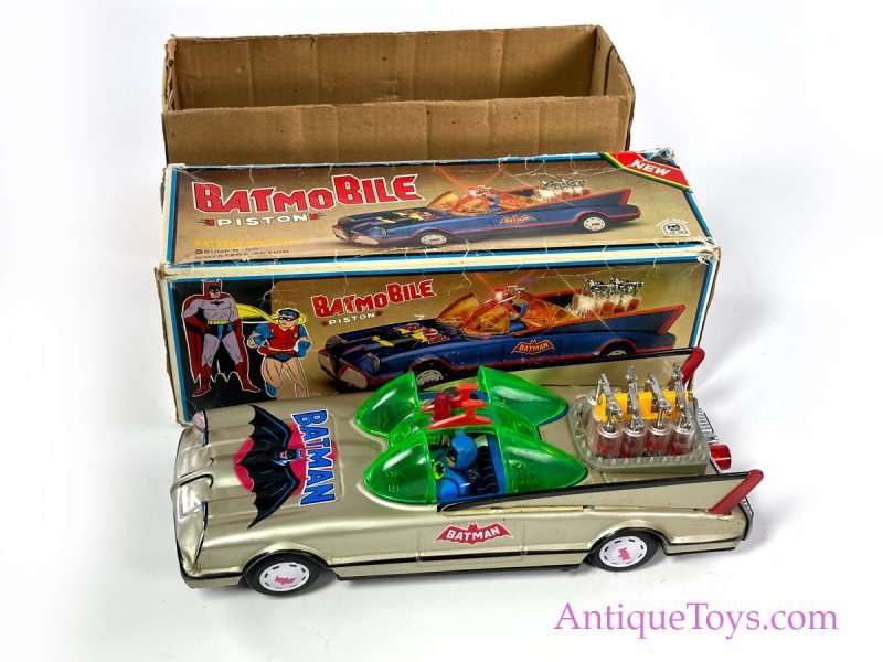 RARE Tin Lithographed Batt. Op. Gold Batman Batmobile Piston Car in Box <FONT COLOR="ff000 ">*SOLD*</font>