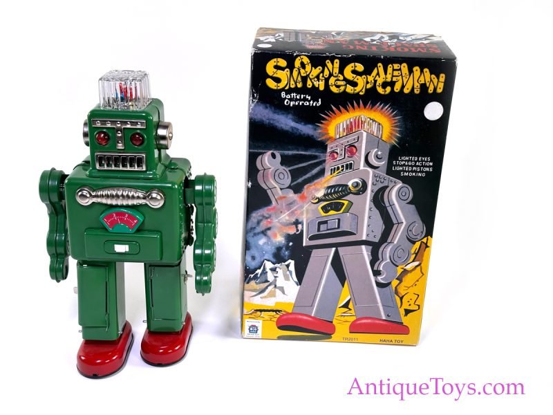 HaHa Toy Tin Lithographed Battery Op. “Smoking Spaceman” TR2011 Green Edition with Box for Sale