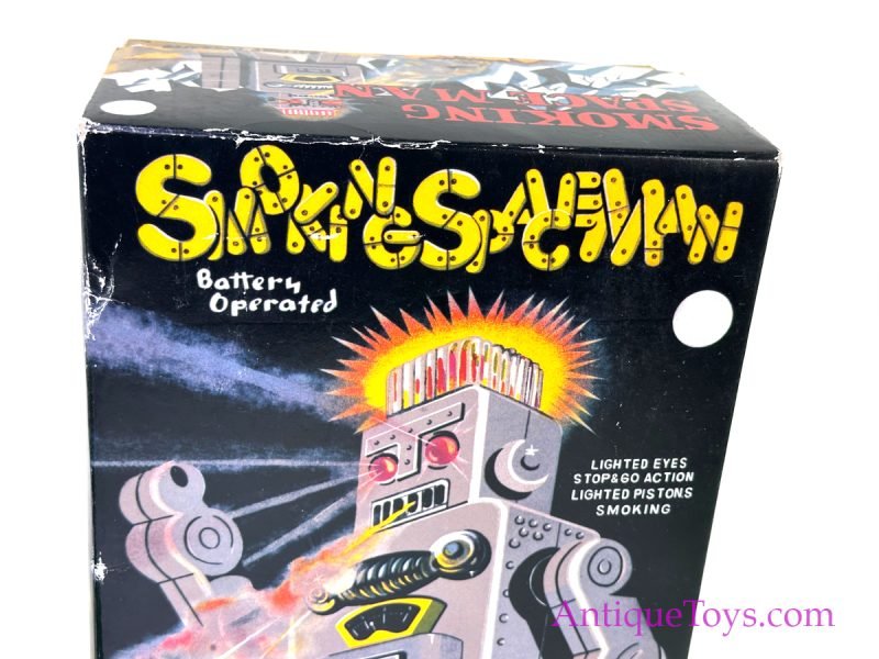 HaHa Toy Tin Lithographed Battery Op. “Smoking Spaceman” TR2011 Green Edition with Box for Sale - Image 7