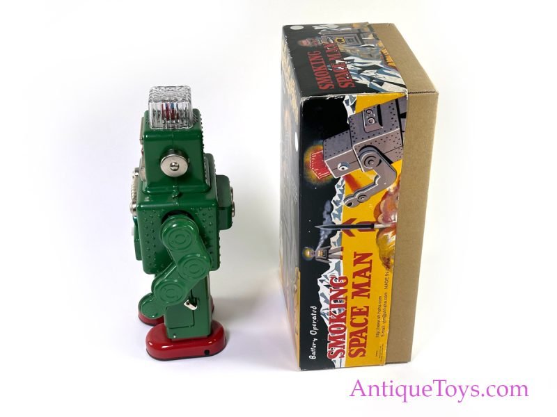 HaHa Toy Tin Lithographed Battery Op. “Smoking Spaceman” TR2011 Green Edition with Box for Sale - Image 5