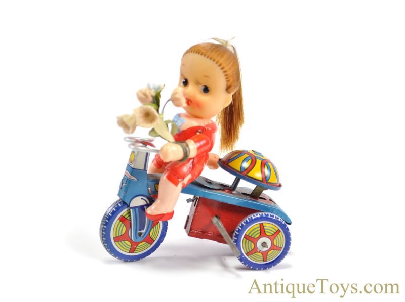Kanto Toys Tin Lithographed Windup No. 9137 "Pony Tail Doll on Tricycle" in Box Japanese Toy <FONT COLOR="ff000 ">*SOLD*</font> - Image 4