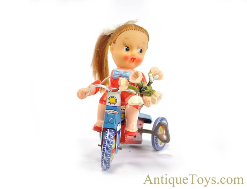 Kanto Toys Tin Lithographed Windup No. 9137 "Pony Tail Doll on Tricycle" in Box Japanese Toy <FONT COLOR="ff000 ">*SOLD*</font> - Image 2