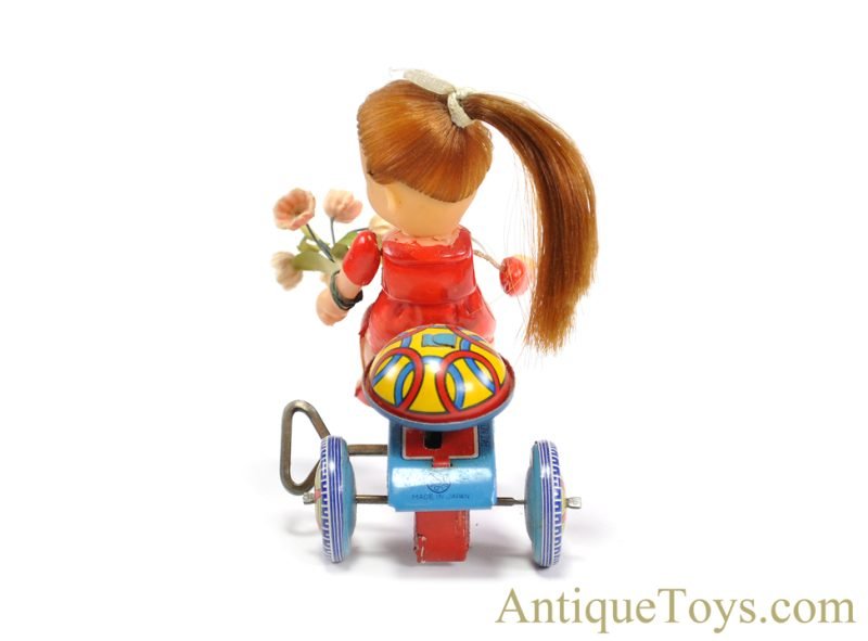 Kanto Toys Tin Lithographed Windup No. 9137 "Pony Tail Doll on Tricycle" in Box Japanese Toy <FONT COLOR="ff000 ">*SOLD*</font> - Image 5