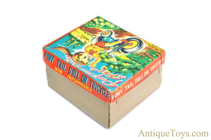 Kanto Toys Tin Lithographed Windup No. 9137 "Pony Tail Doll on Tricycle" in Box Japanese Toy <FONT COLOR="ff000 ">*SOLD*</font> - Image 7