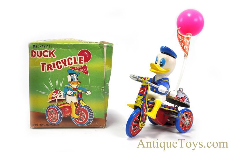 Vintage Korean Tin Lithographed Windup "Duck Tricycle" in Box for Sale