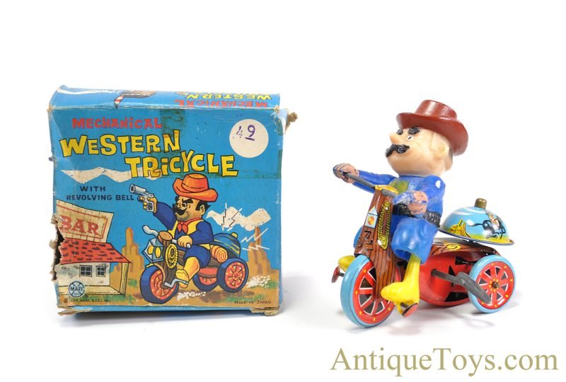Linemar Marx Tin Lithographed Windup "Western Cycle" Cowboy on Tricycle with Box for Sale