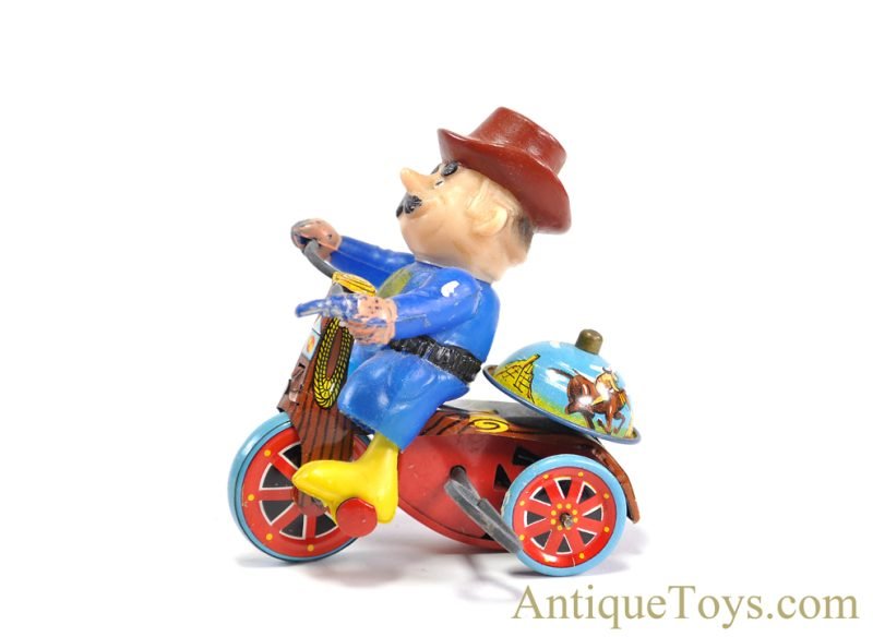Linemar Marx Tin Lithographed Windup "Western Cycle" Cowboy on Tricycle with Box for Sale - Image 3