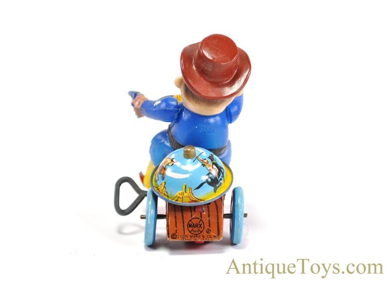 Linemar Marx Tin Lithographed Windup "Western Cycle" Cowboy on Tricycle with Box for Sale - Image 5